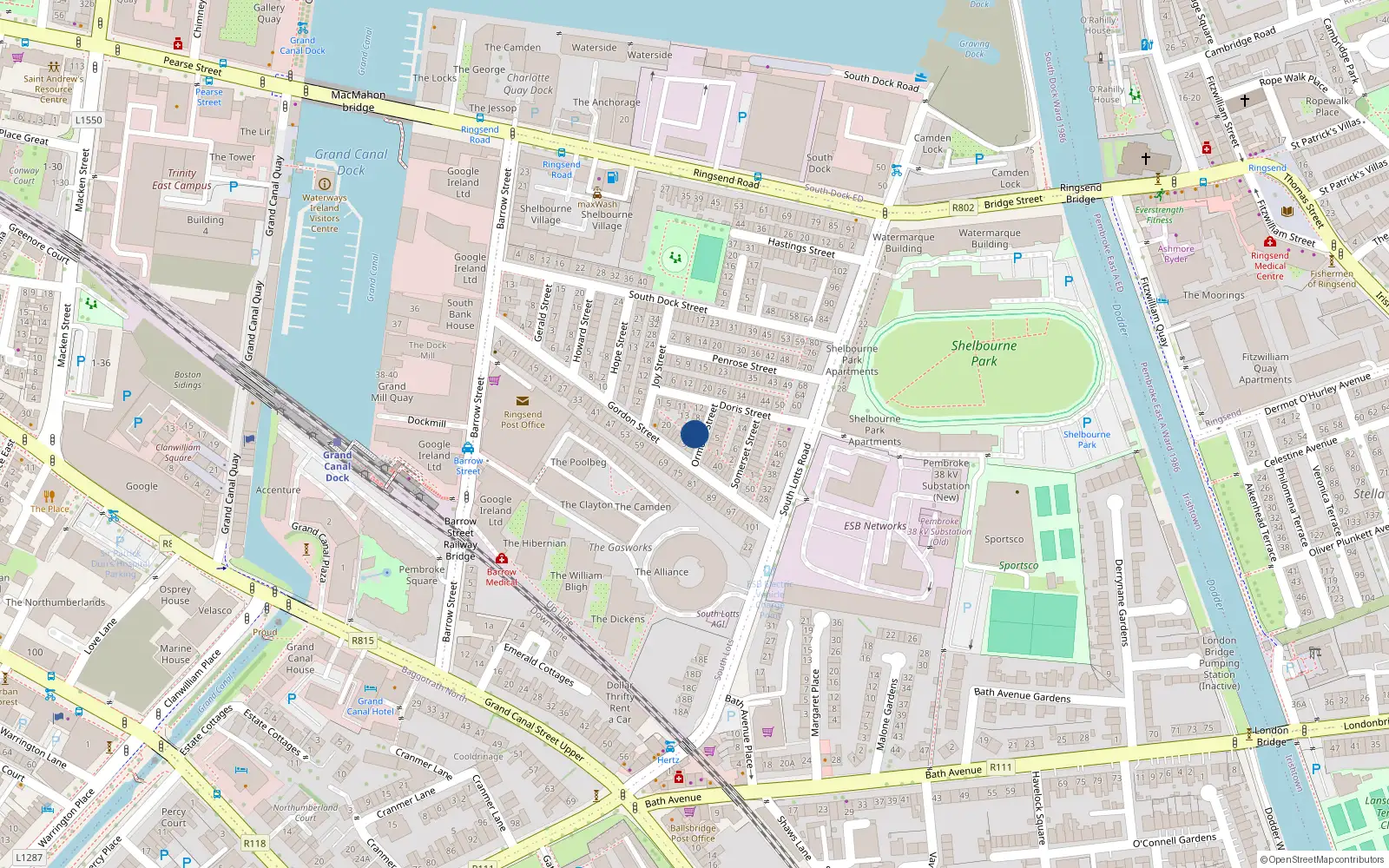 Overhead map showing the location of 2 Ormeau Street, Dublin 4