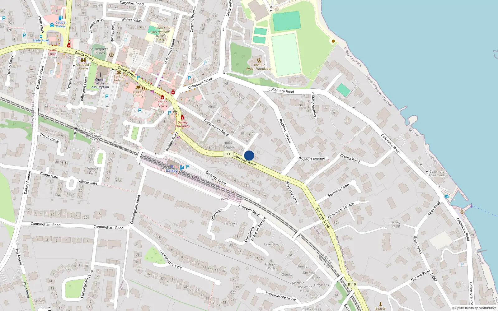 Overhead map showing the location of 2 Ormond Terrace, Sorrento Road, Dalkey