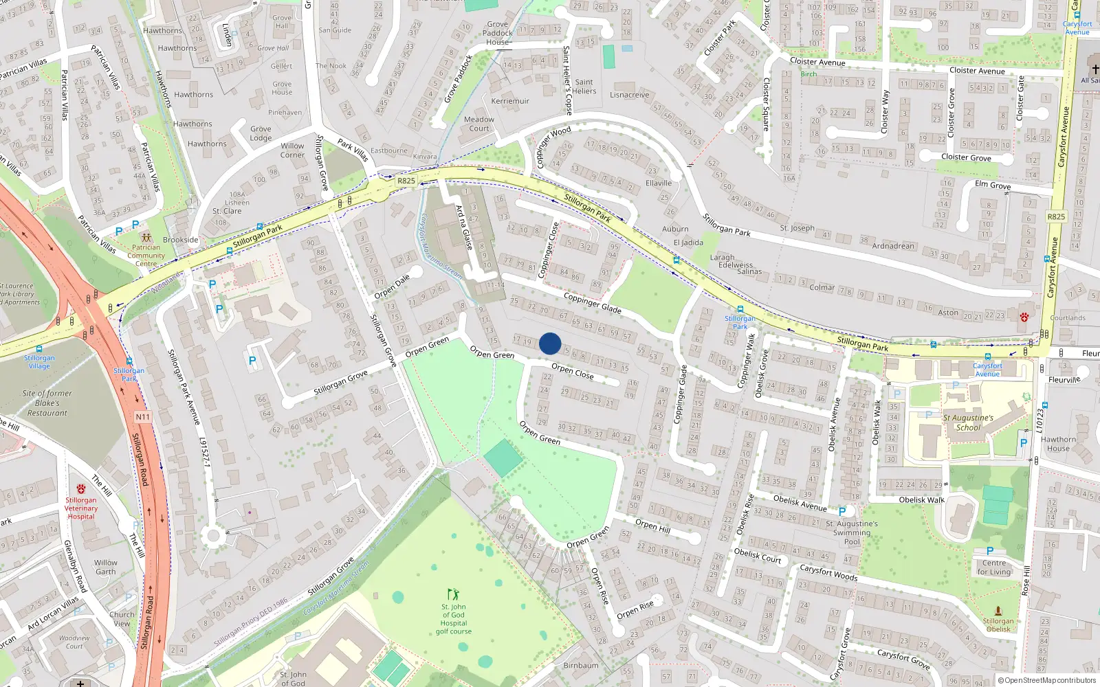 Overhead map showing the location of 2 Orpen Close, Blackrock