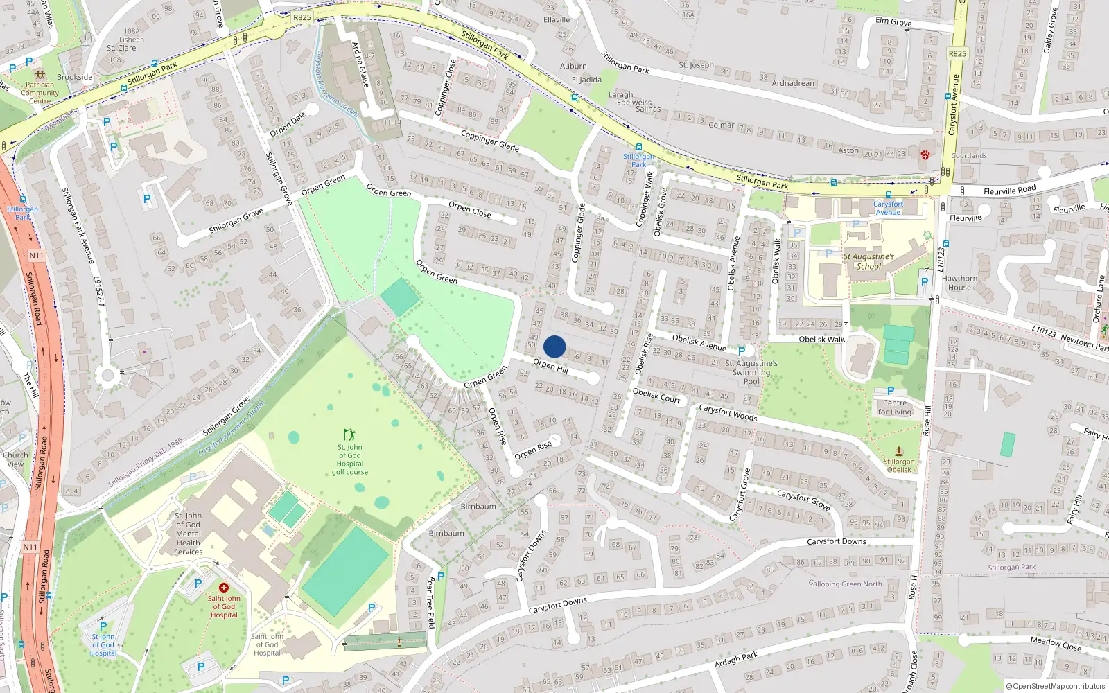 Overhead map showing the location of 2 Orpen Hill, Blackrock