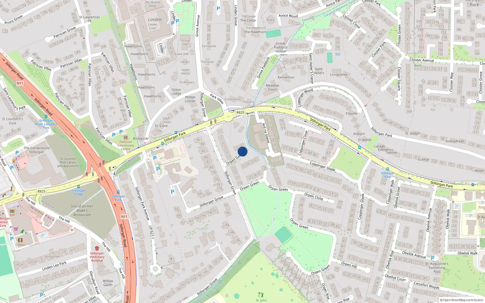 Overhead map showing the location of 2 Orphen Dale, Stillorgan Grove, Blackrock