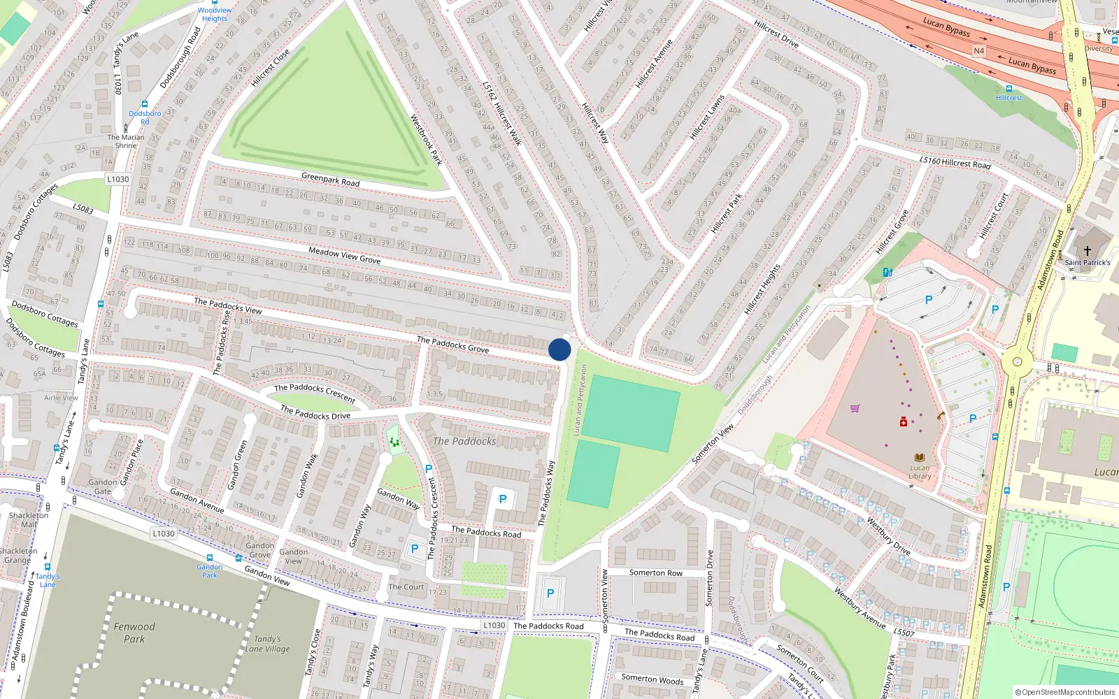Overhead map showing the location of 2 Paddocks Place, Adamstown, Co Dublin