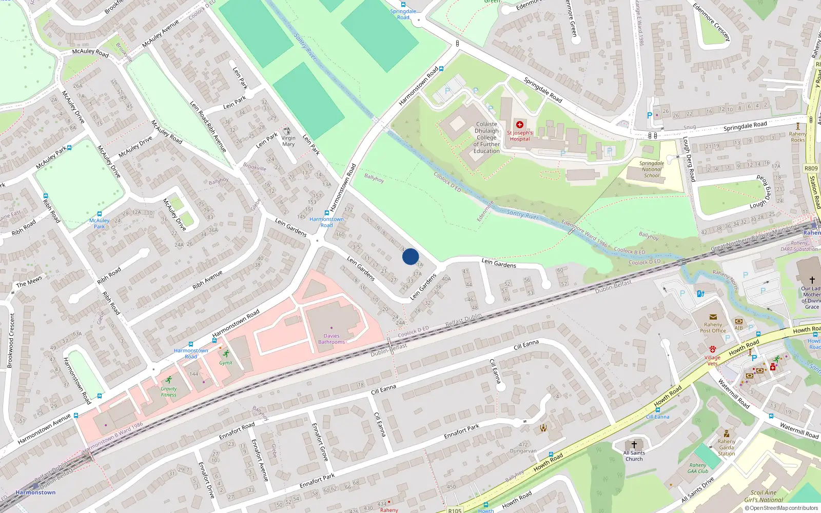 Overhead map showing the location of 2 Pairc Lein, Raheny, Dublin 5