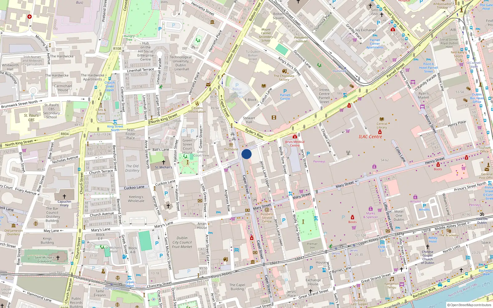 Overhead map showing the location of 2 Parnell Street, Dublin 1, D01xh58