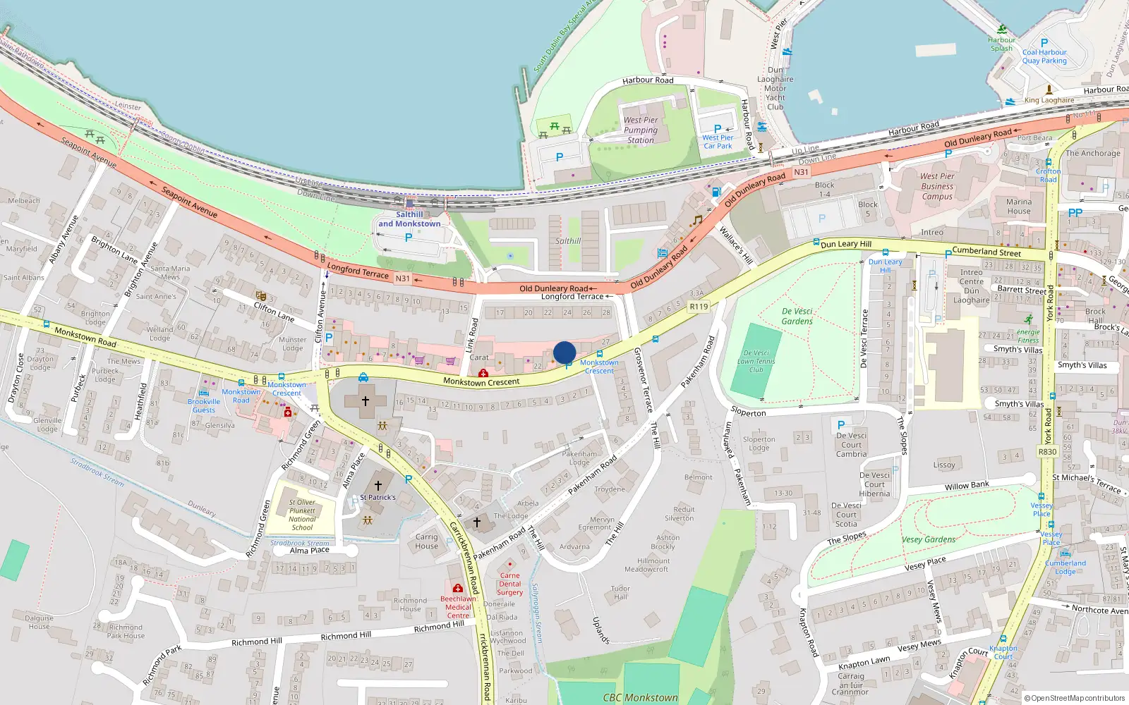 Overhead map showing the location of 2 Patrician Lane, 24 Monkstown Crescent, Co. Dublin