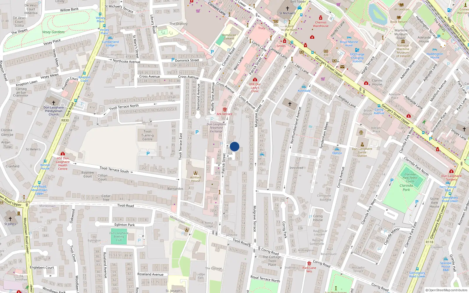 Overhead map showing the location of 2 Patrick Street, Dunlaoghaire