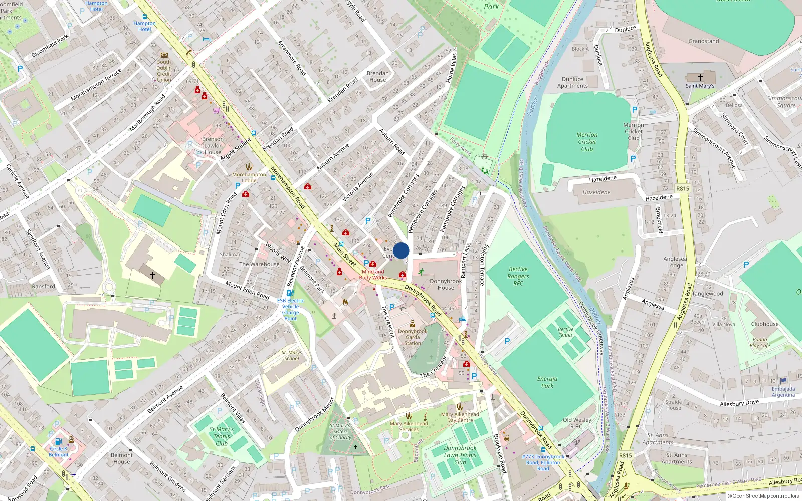 Overhead map showing the location of 2 Pembroke Cottages, Dublin