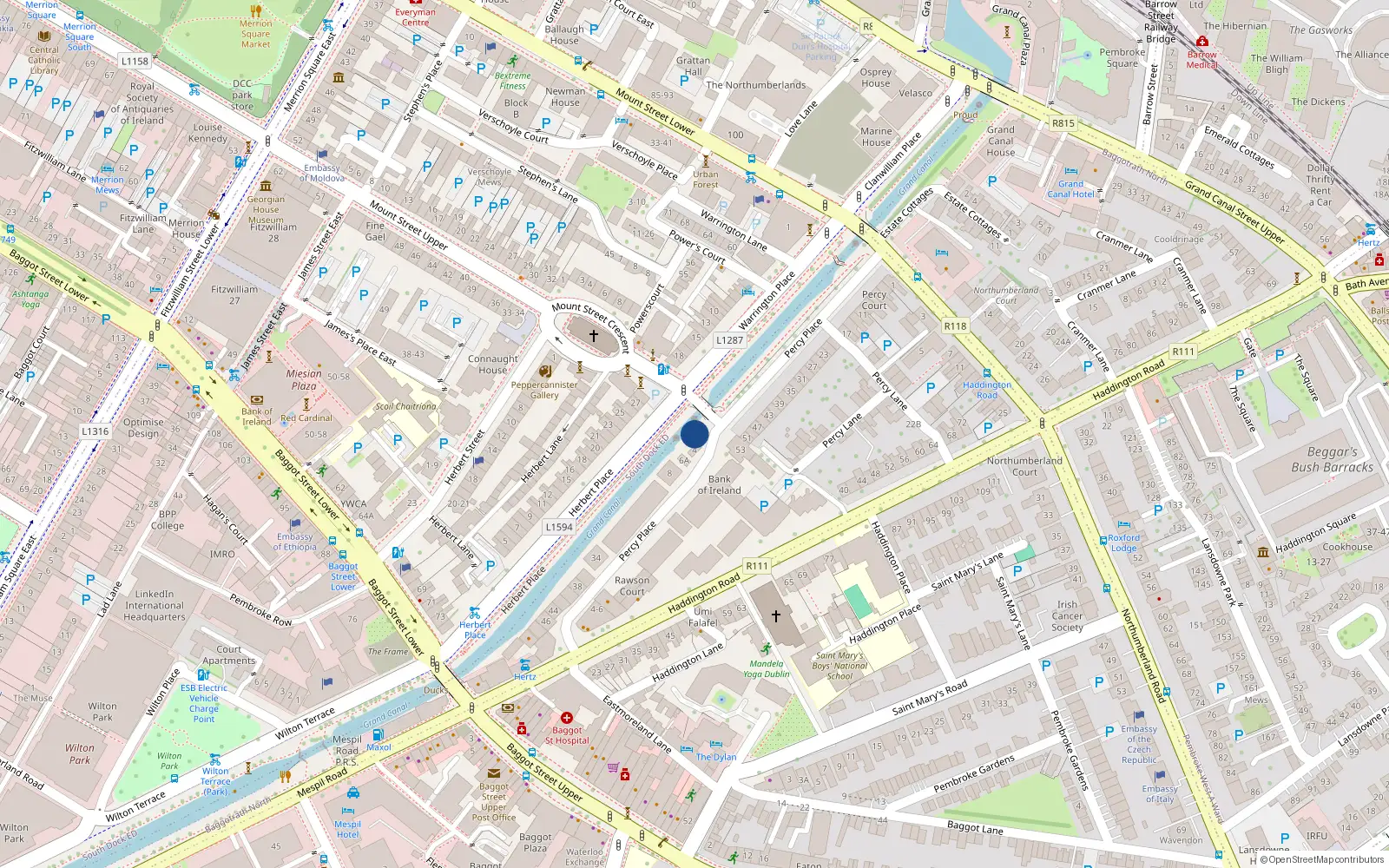 Overhead map showing the location of 2 Percy Place, Dublin