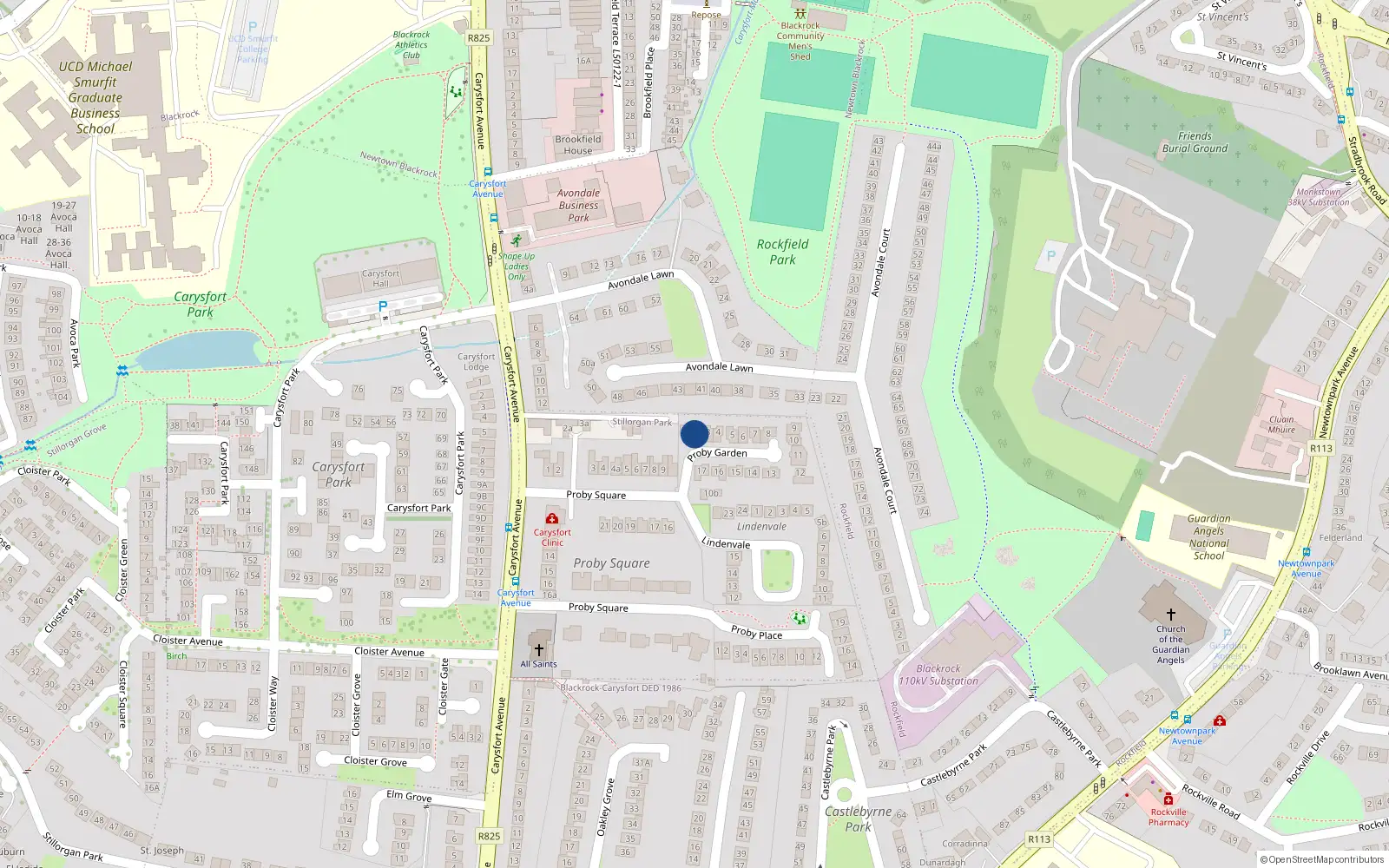 Overhead map showing the location of 2 Proby Gardens, Blackrock, Dublin