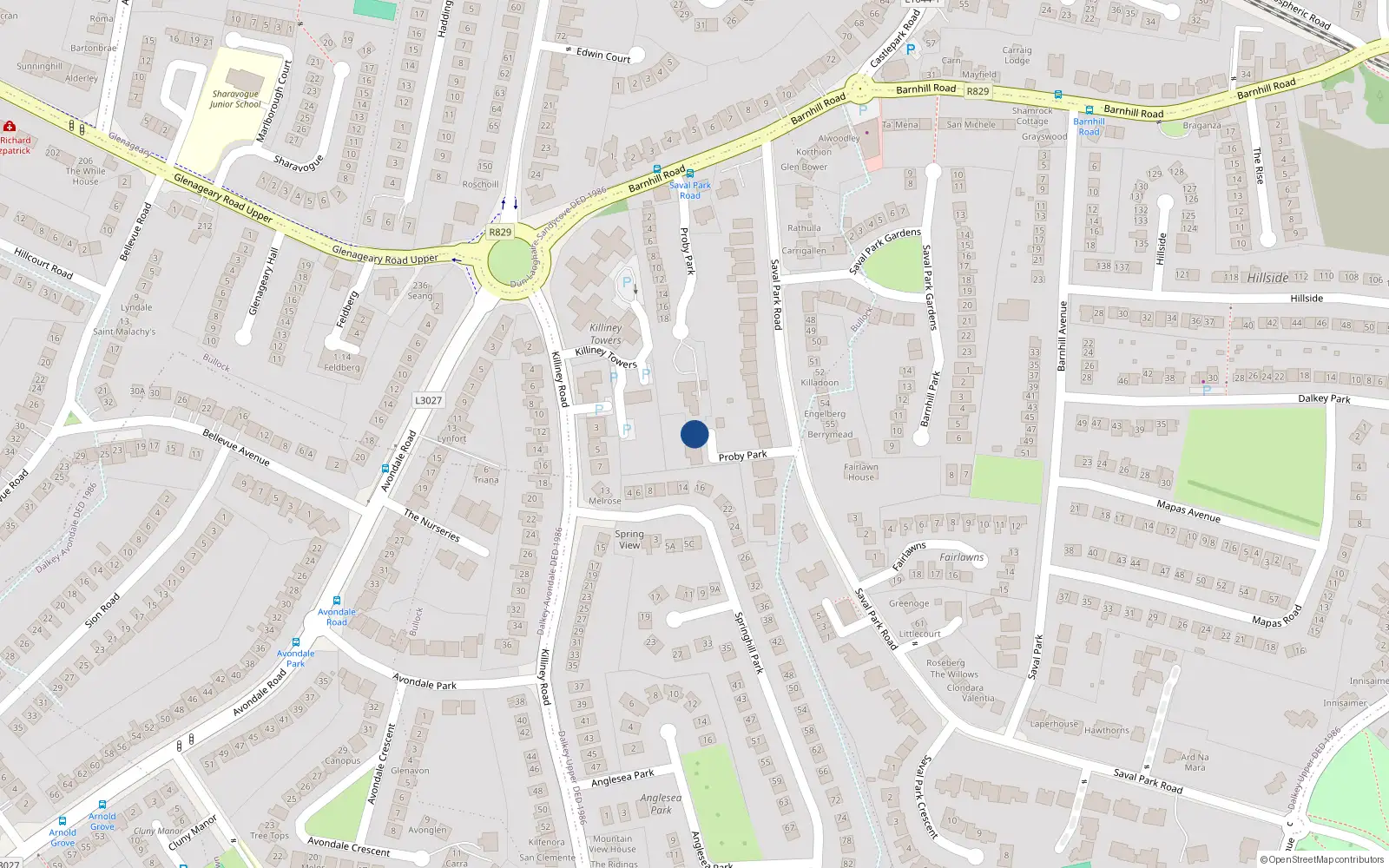 Overhead map showing the location of 2 Proby Park, Saval Park Road, Dalkey