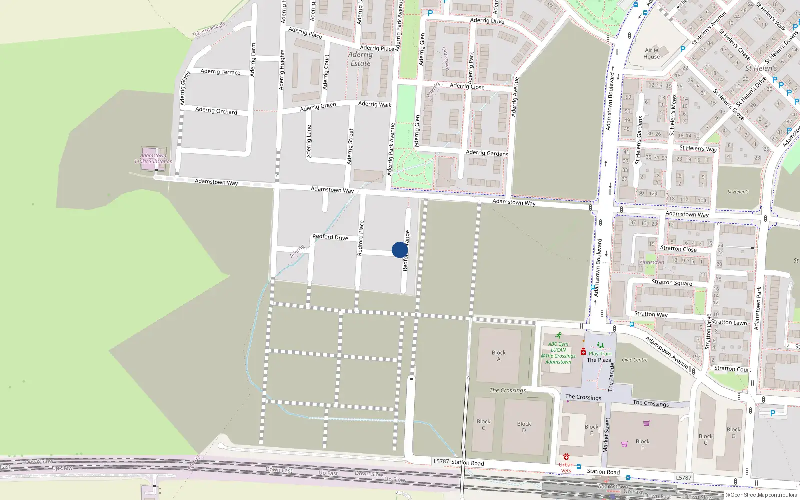 Overhead map showing the location of 2 Redford Green, Adamstown, Lucan