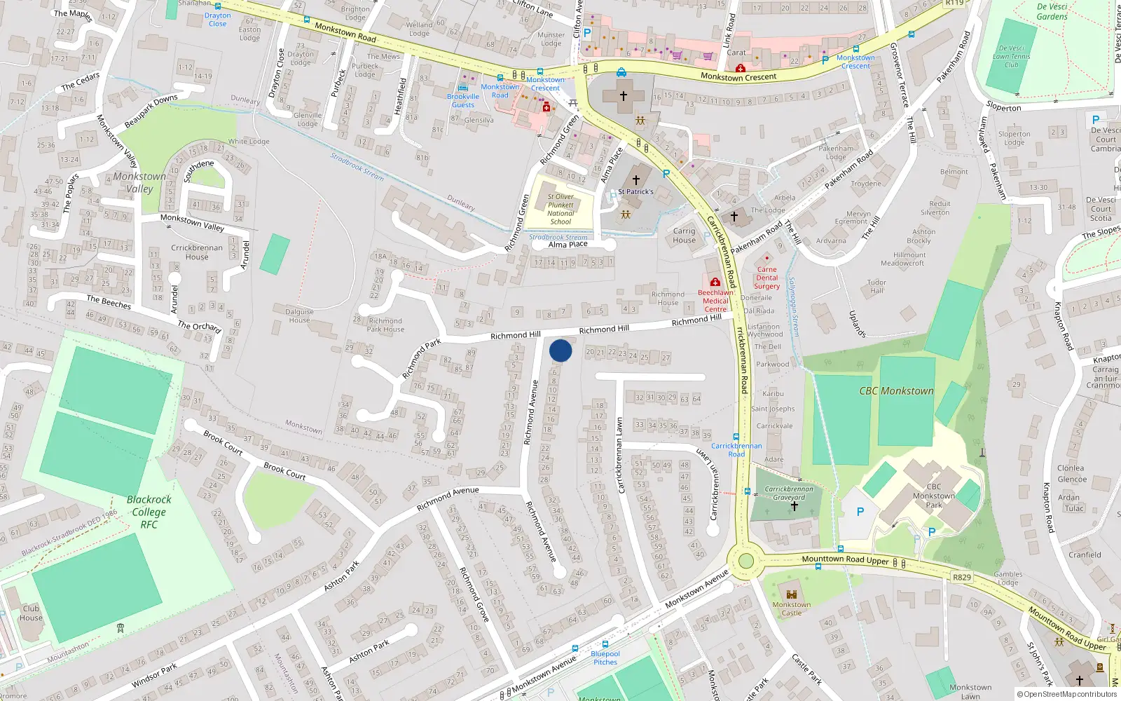 Overhead map showing the location of 2 Richmond Avenue, Monkstown, Dublin