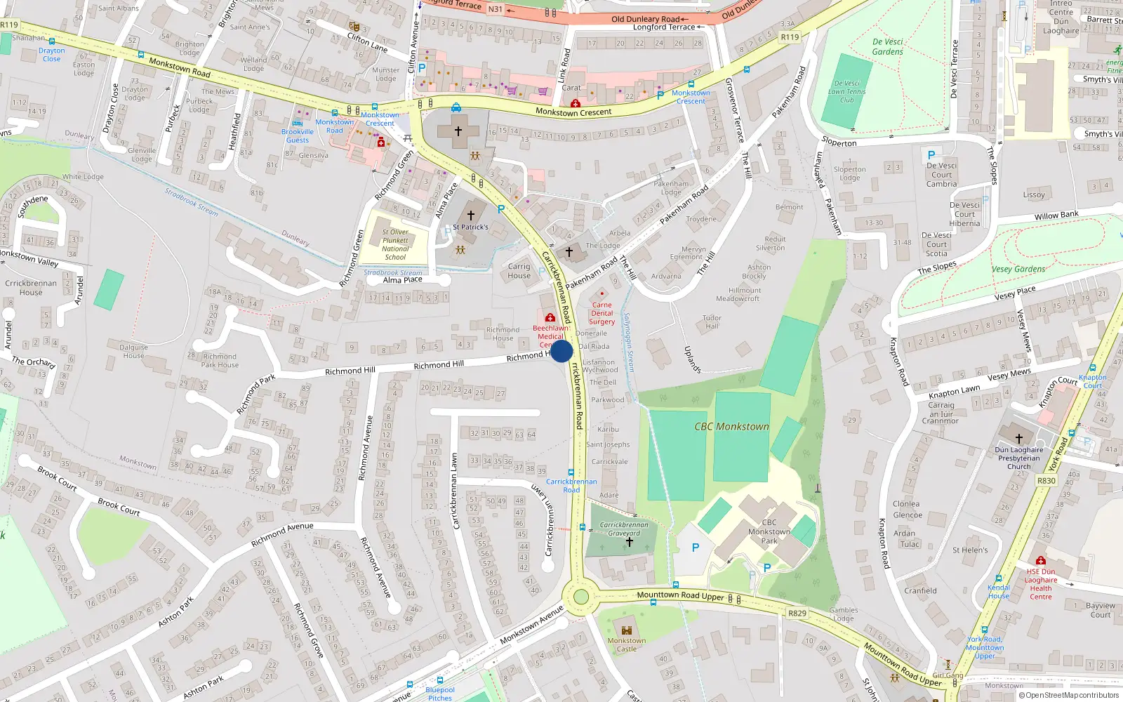 Overhead map showing the location of 2 Richmond Hill, Monkstown