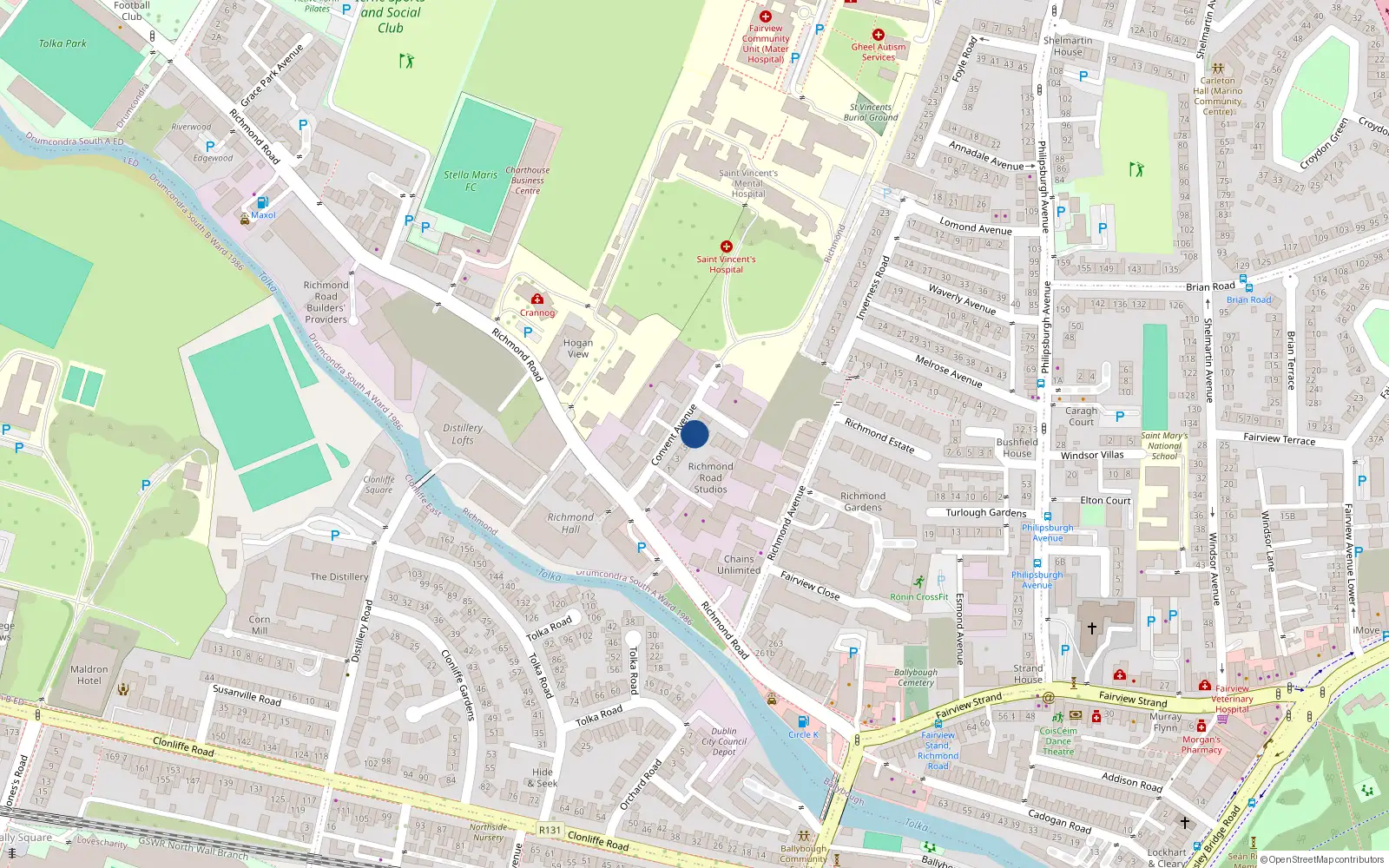 Overhead map showing the location of 2 Richmond Lodge, Convent Avenue, Fairview Dublin 3