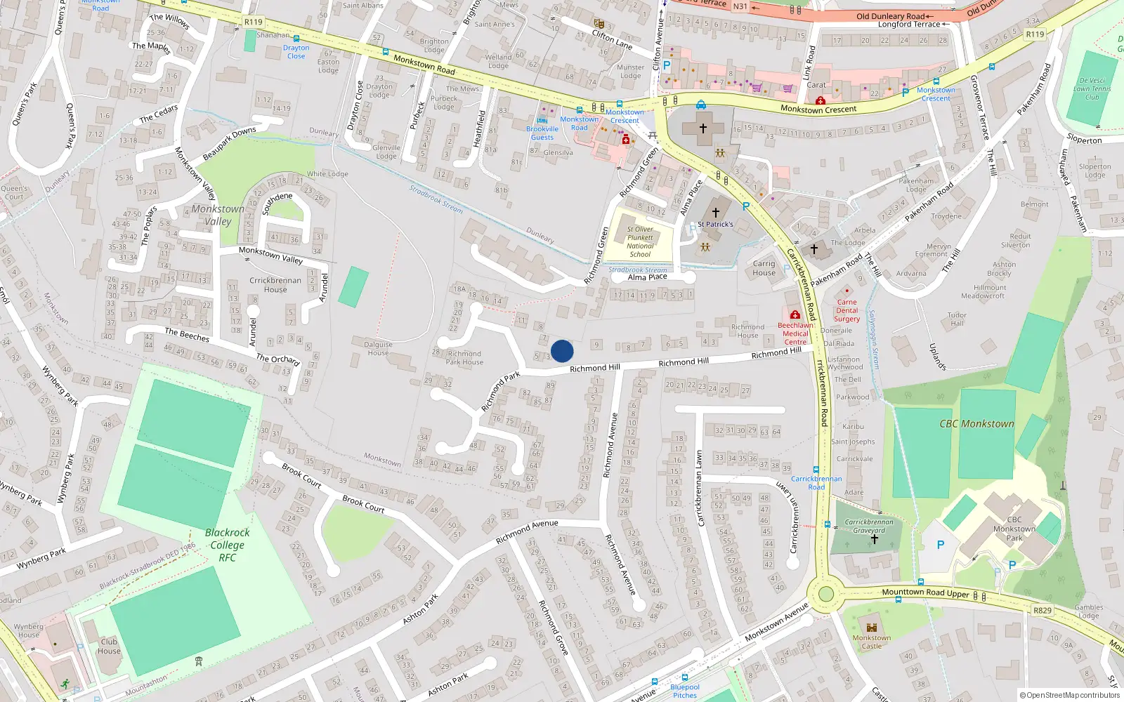 Overhead map showing the location of 2 Richmond Park, Monkstown