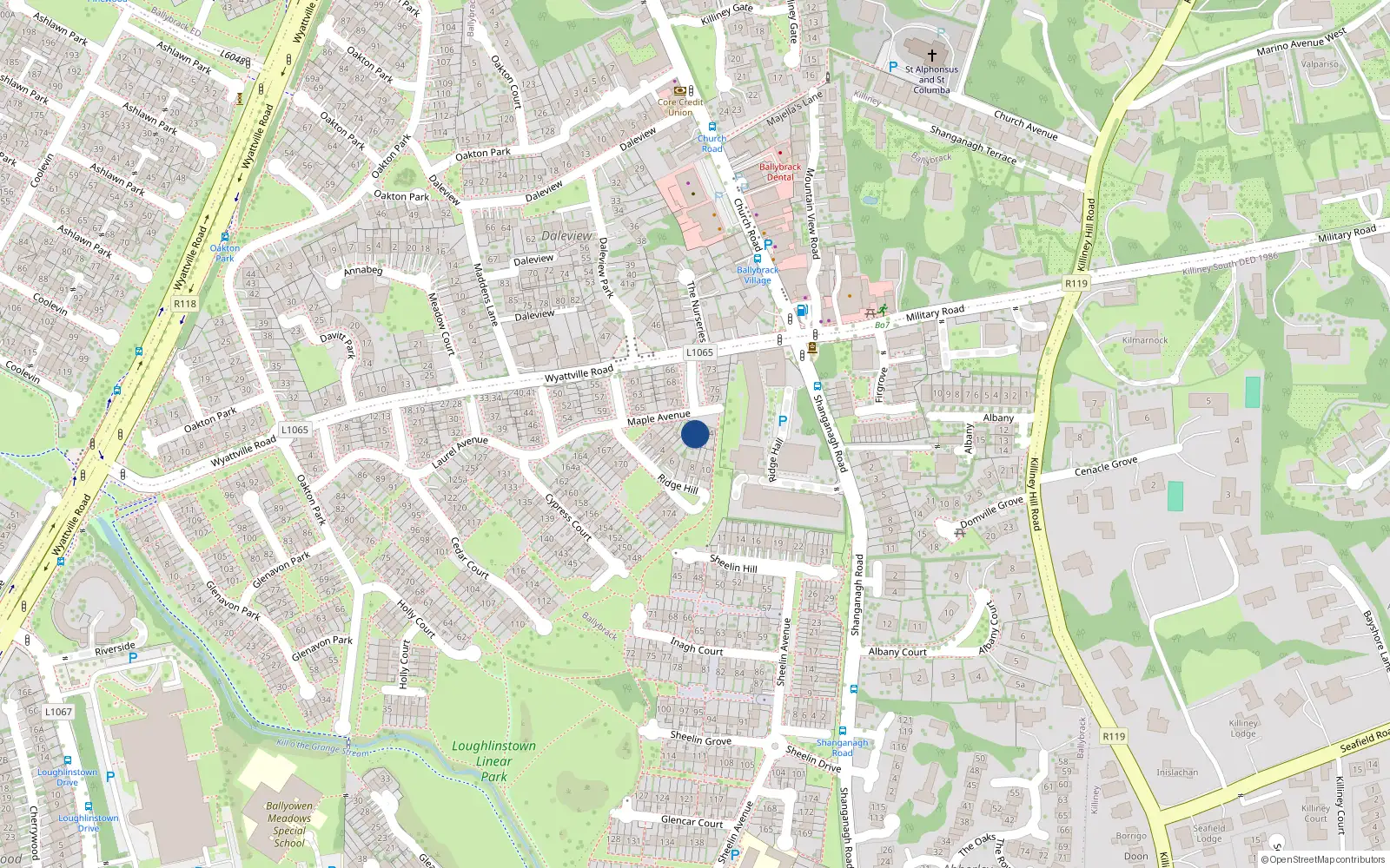 Overhead map showing the location of 2 Ridge Court, Ballybrack, Dublin