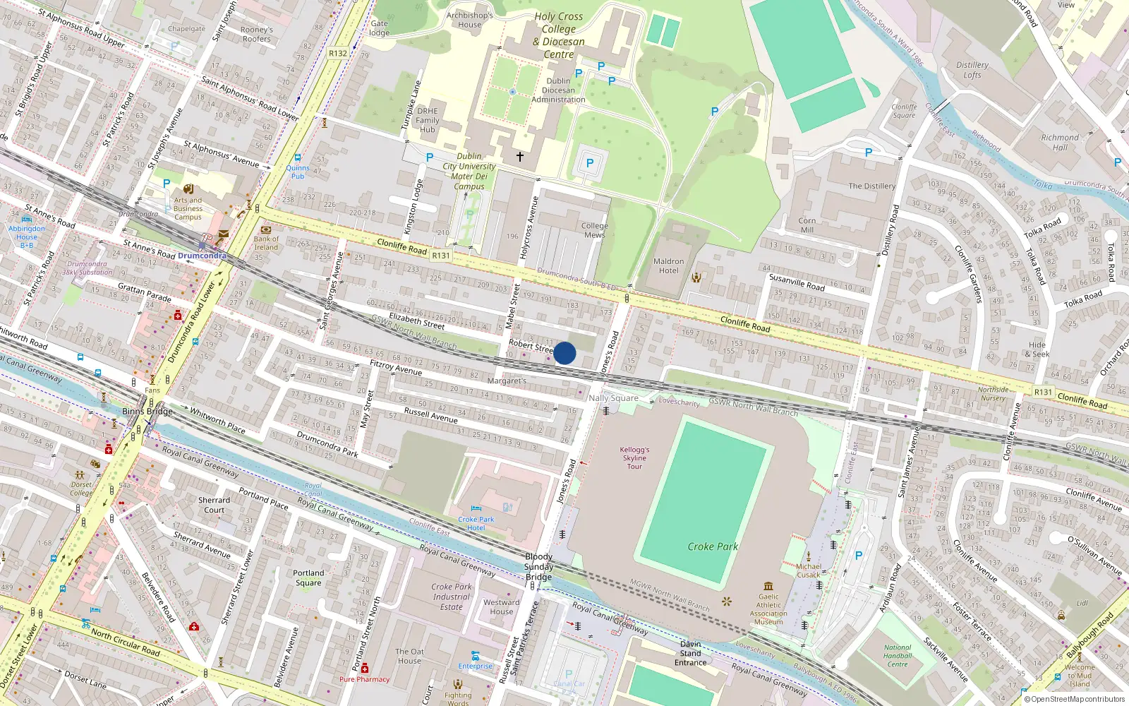 Overhead map showing the location of 2 Robert Place, Drumcondra, Dublin 3