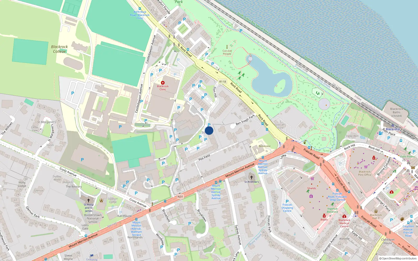 Overhead map showing the location of 2 Rock Road, Blackrock