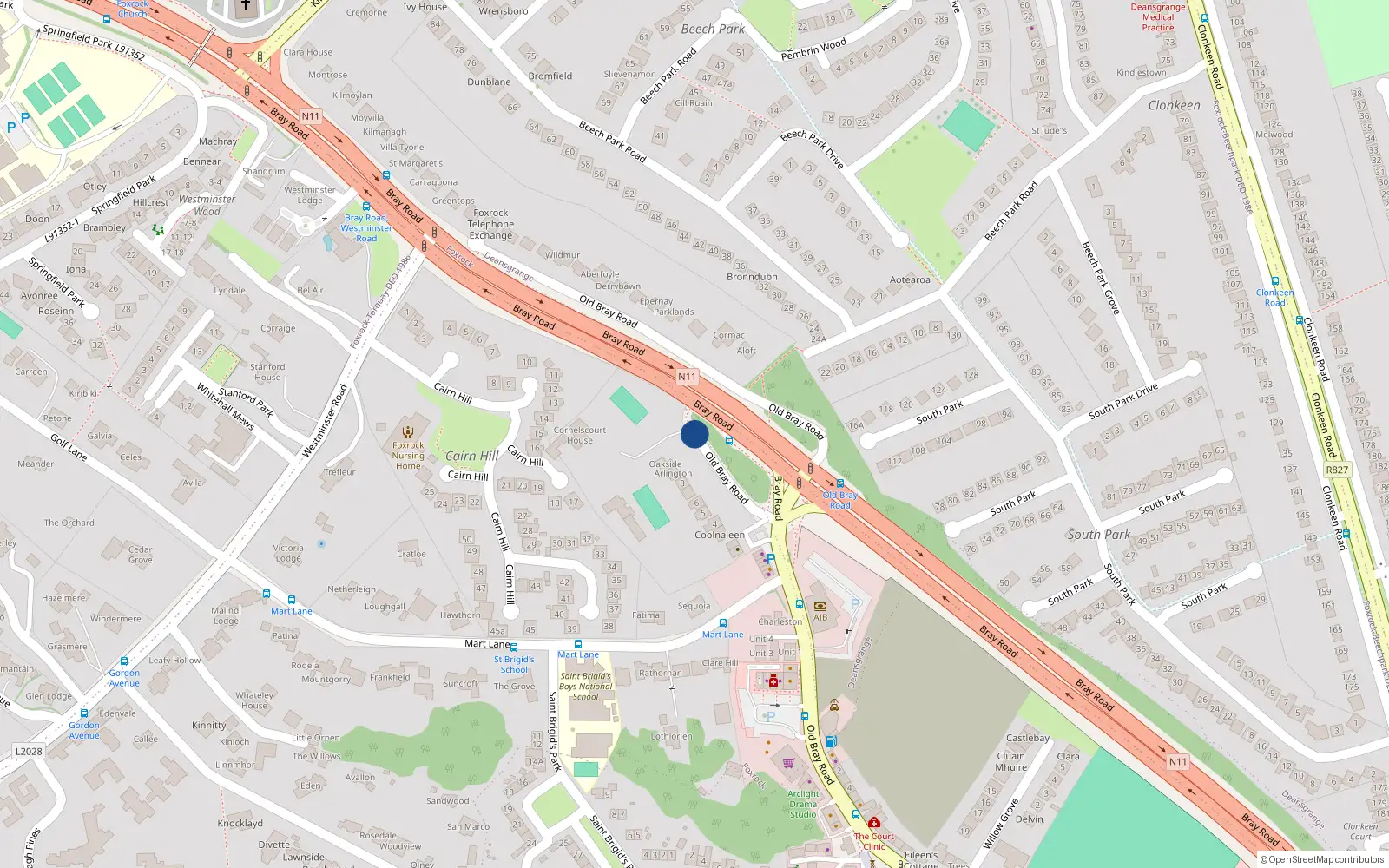 Overhead map showing the location of 2 Rockbrook, Bray Road, Foxrock