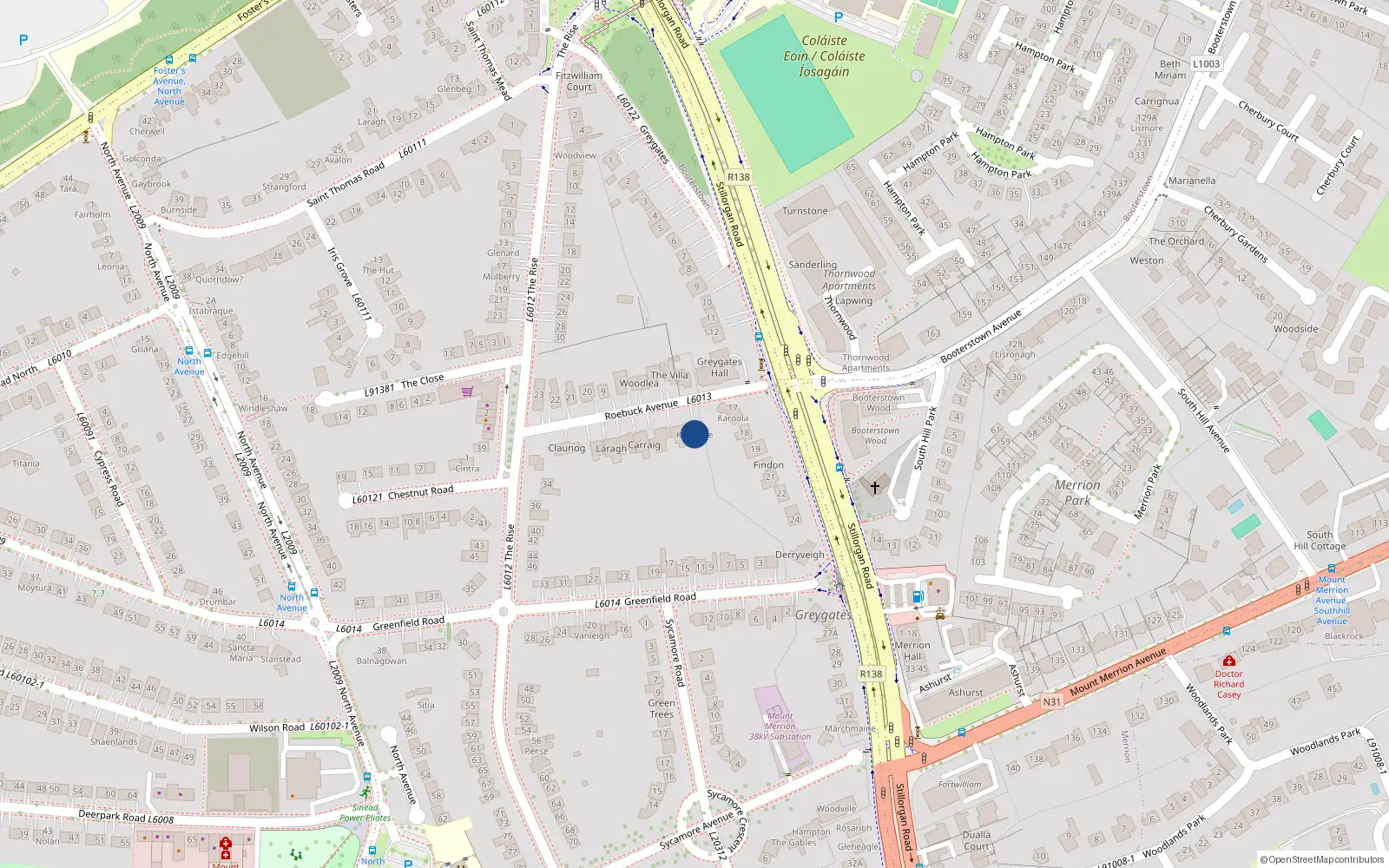Overhead map showing the location of 2 Roebuck Avenue, Blackrock