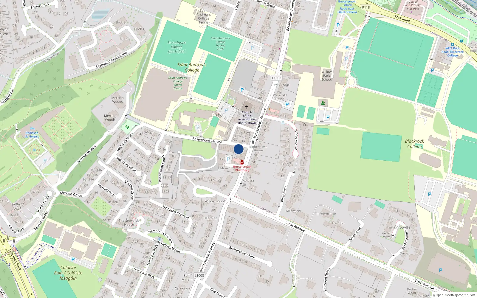 Overhead map showing the location of 2 Rosemount Terrace, Booterstown