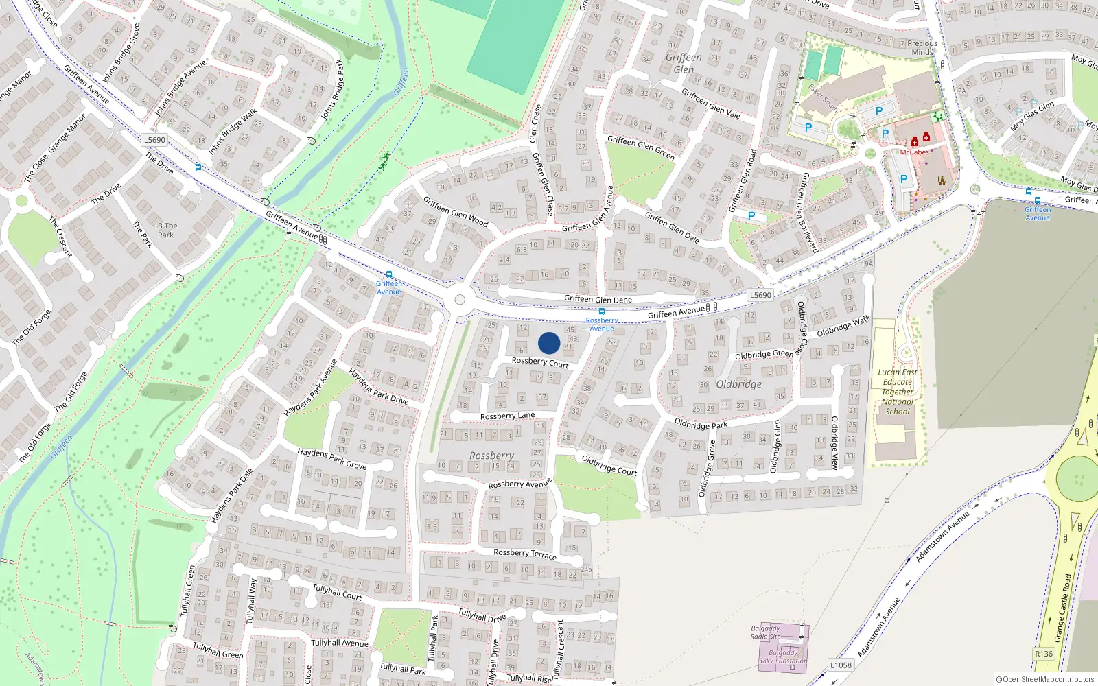 Overhead map showing the location of 2 Rossberry Court, Lucan