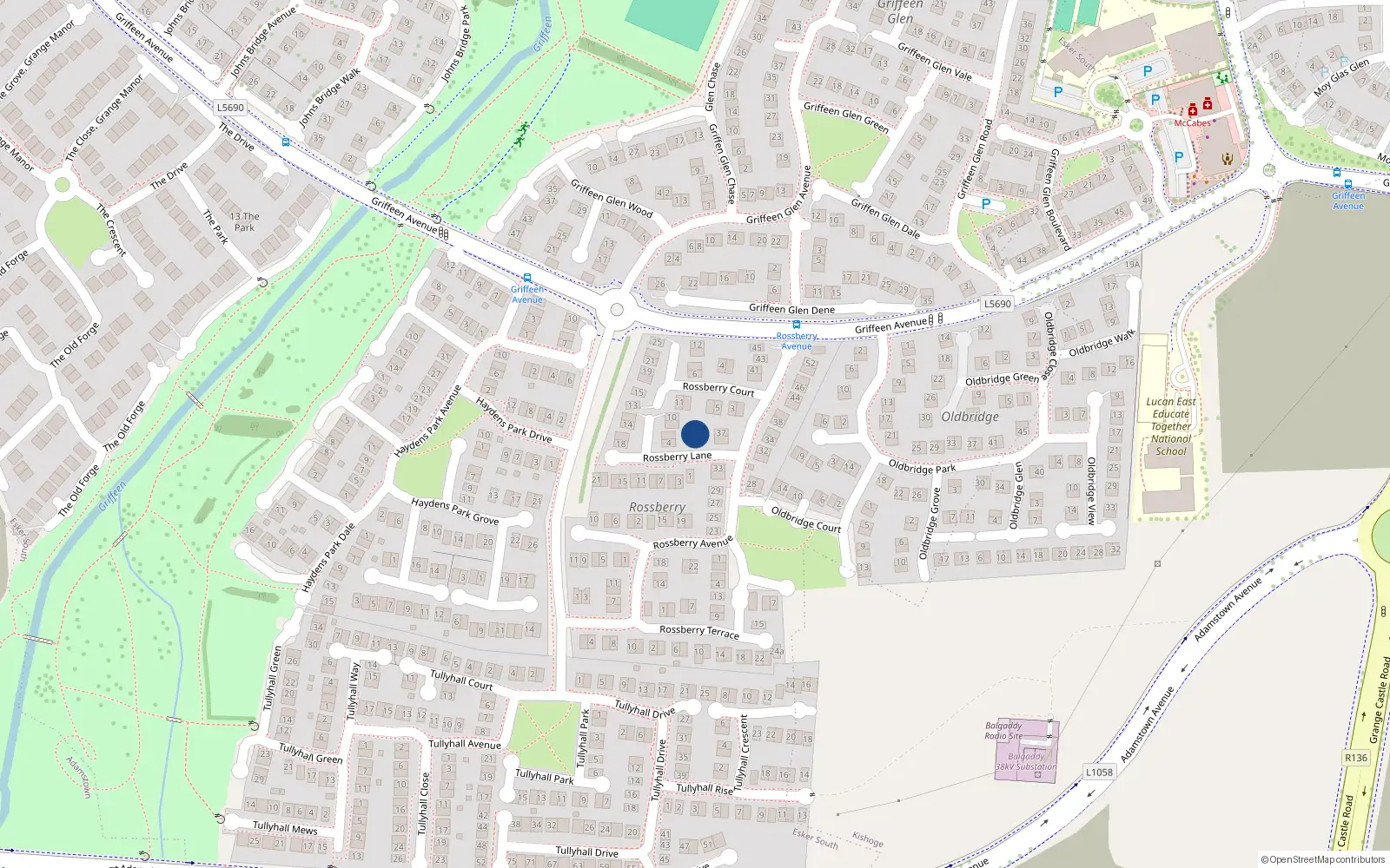 Overhead map showing the location of 2 Rossberry Lane, Lucan, Co Dublin