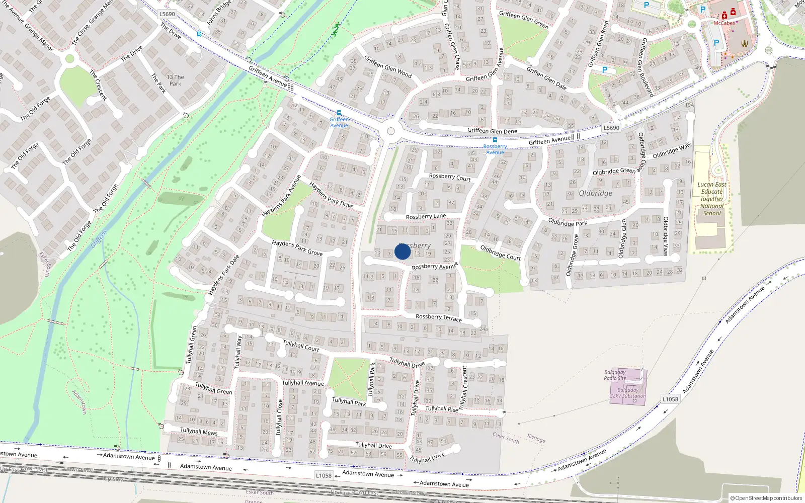 Overhead map showing the location of 2 Rossberry Place, Lucan
