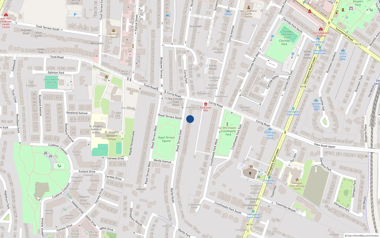 Overhead map showing the location of 2 Royal Terrace East, Dublin