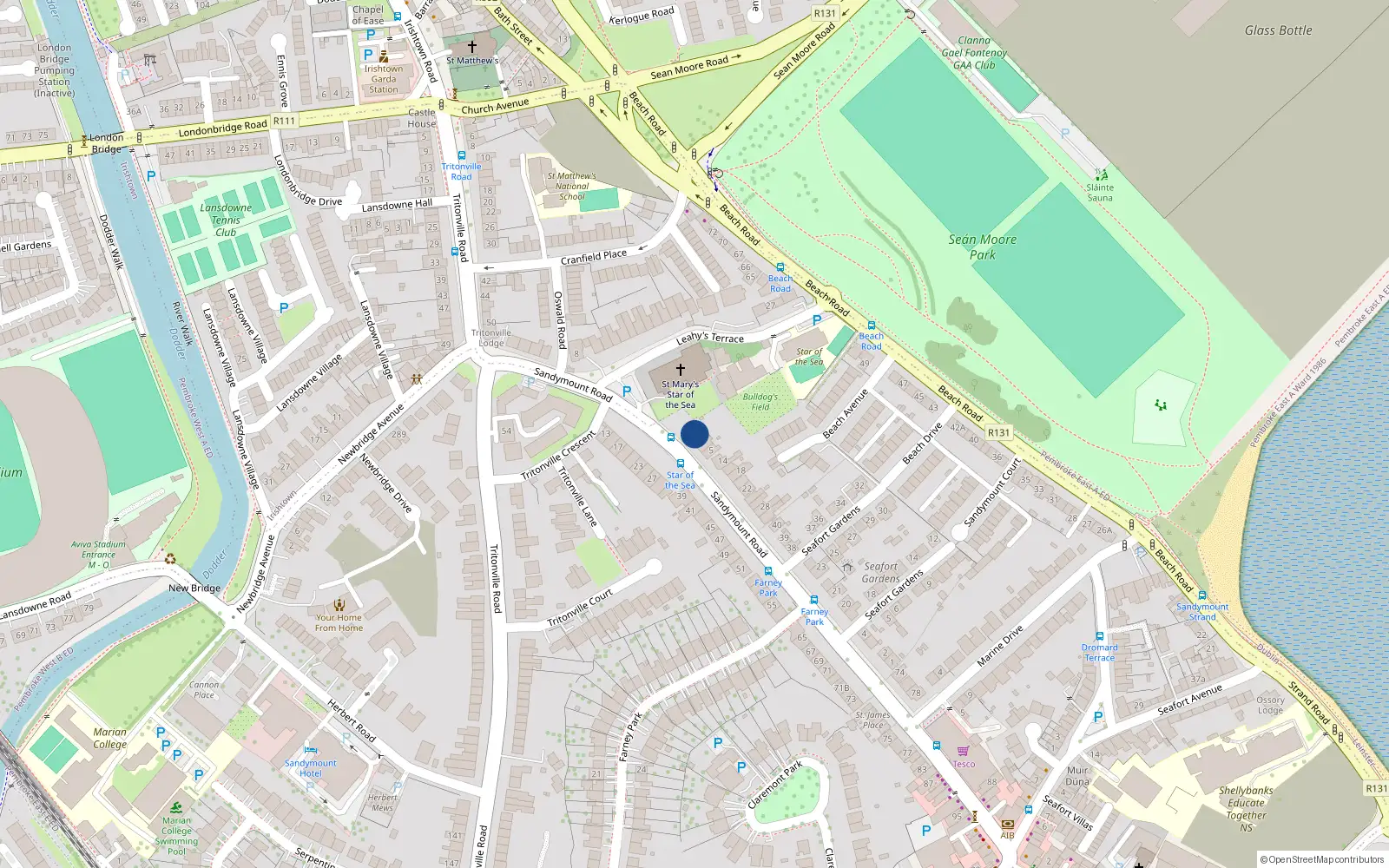 Overhead map showing the location of 2 Sandymount Road, Sandymount