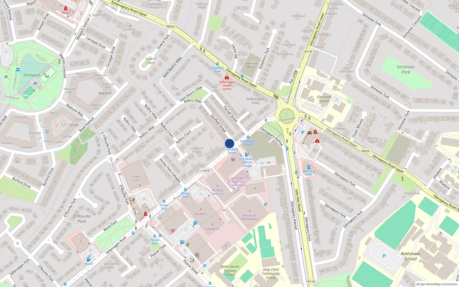 Overhead map showing the location of 2 Sarsfield St, Sallynoggin, Dublin