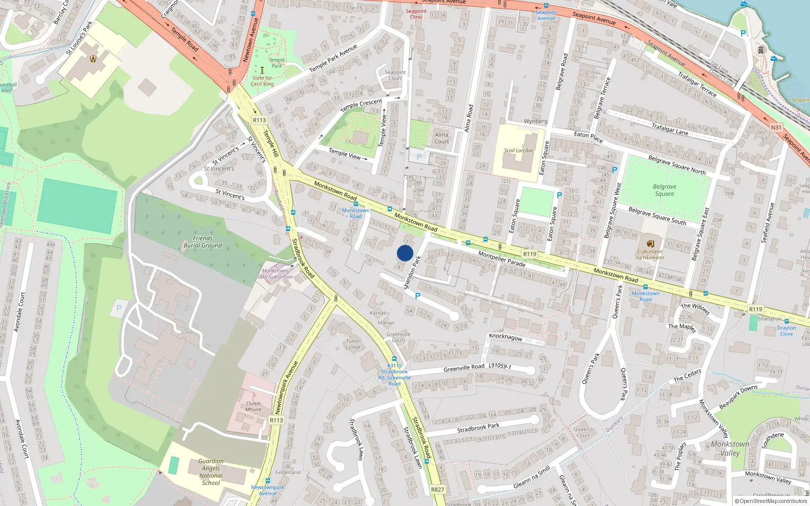 Overhead map showing the location of 2 Shandon Park, Dublin