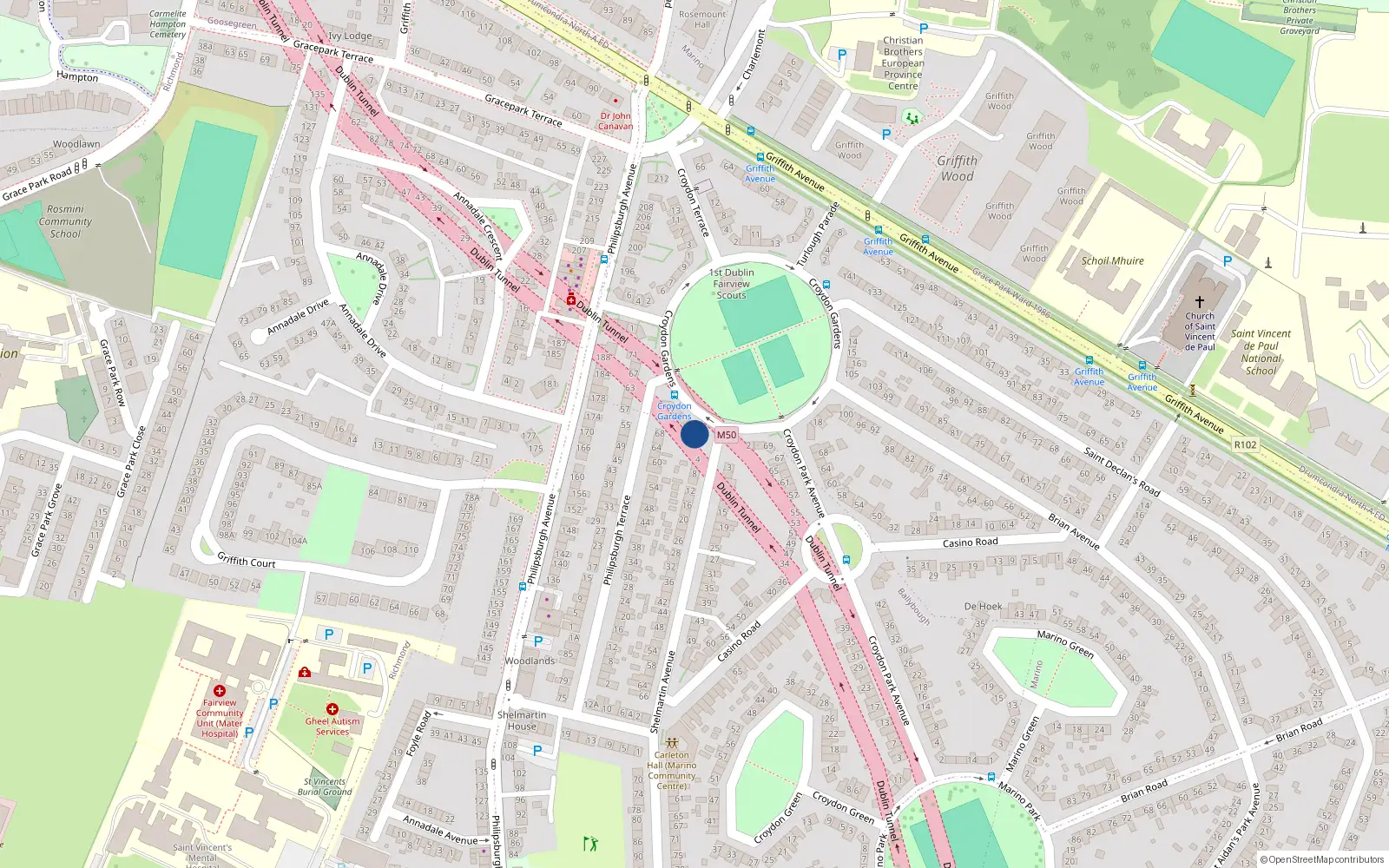 Overhead map showing the location of 2 Shelmartin Avenue, Marino, Dublin 3, D03 V2n9