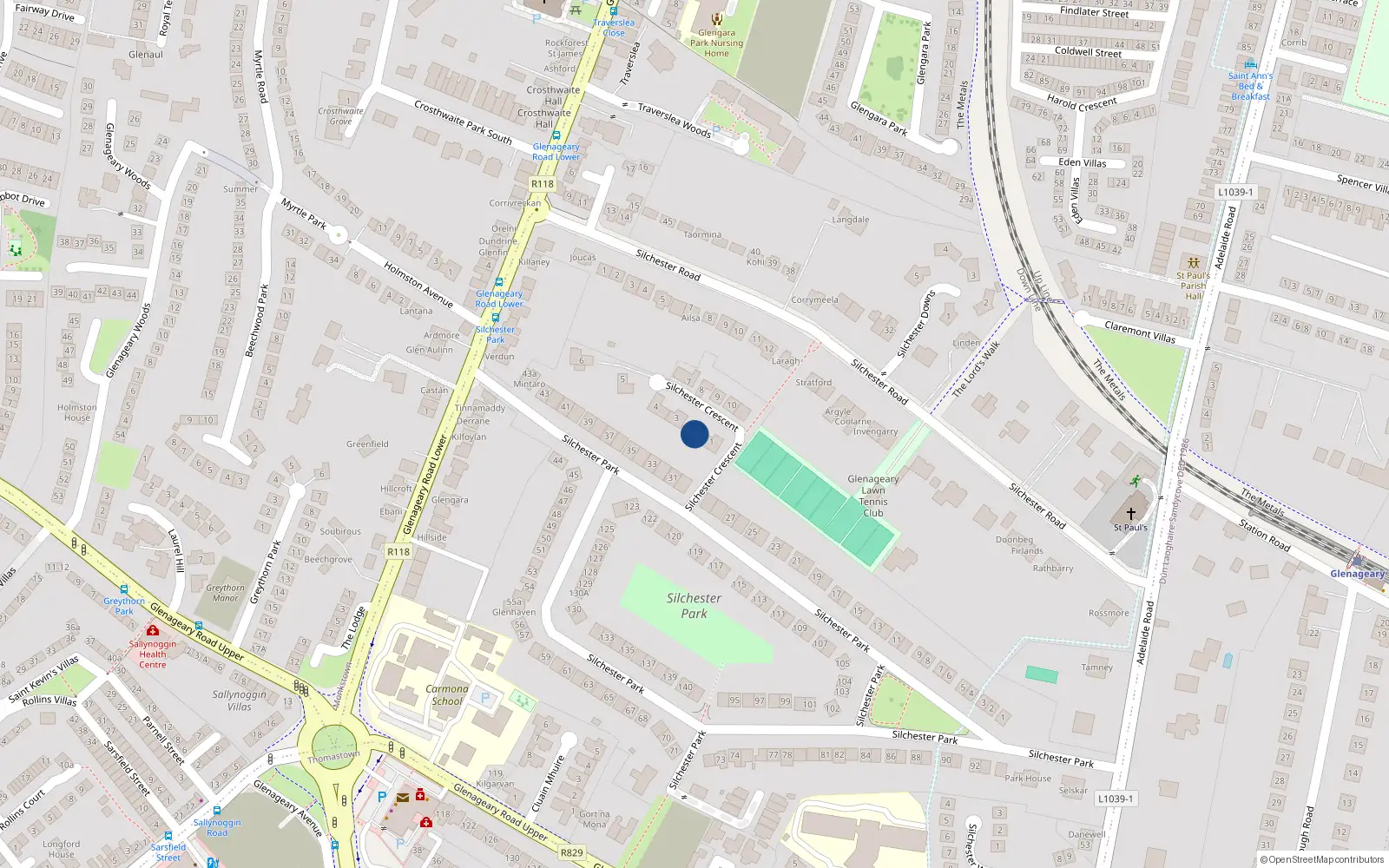Overhead map showing the location of 2 Silchester Crescent, Glenageary, Dublin