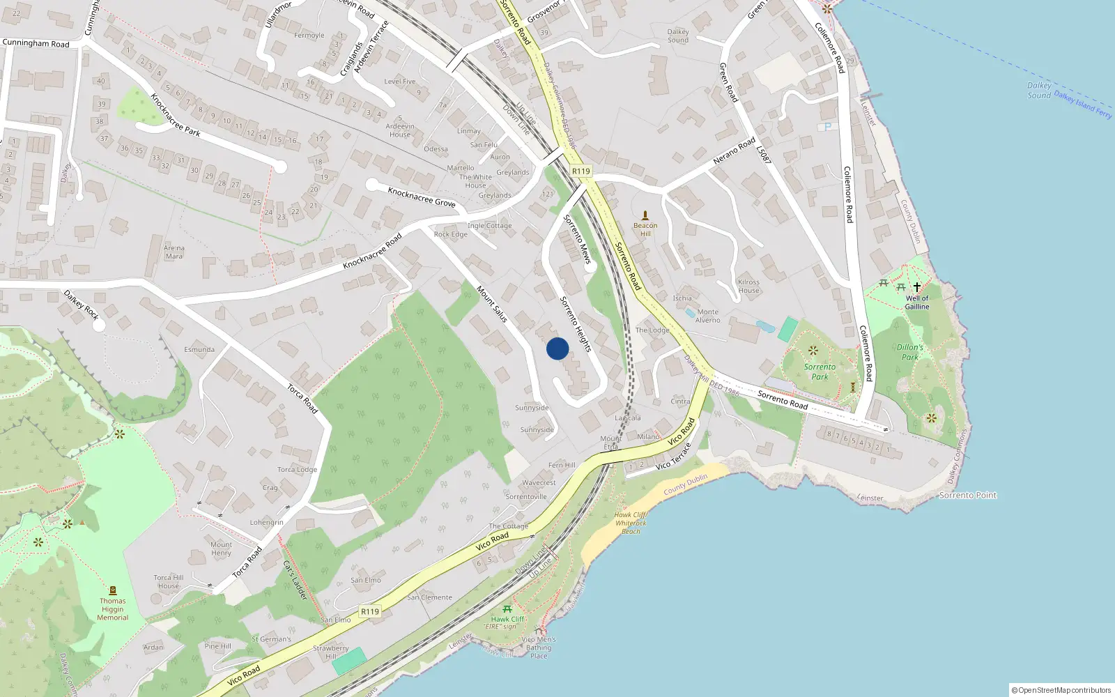Overhead map showing the location of 2 Sorrento Road, Dalkey