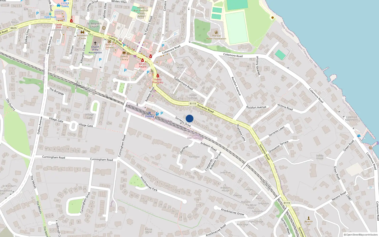 Overhead map showing the location of 2 Sorrento Drive, Dalkey