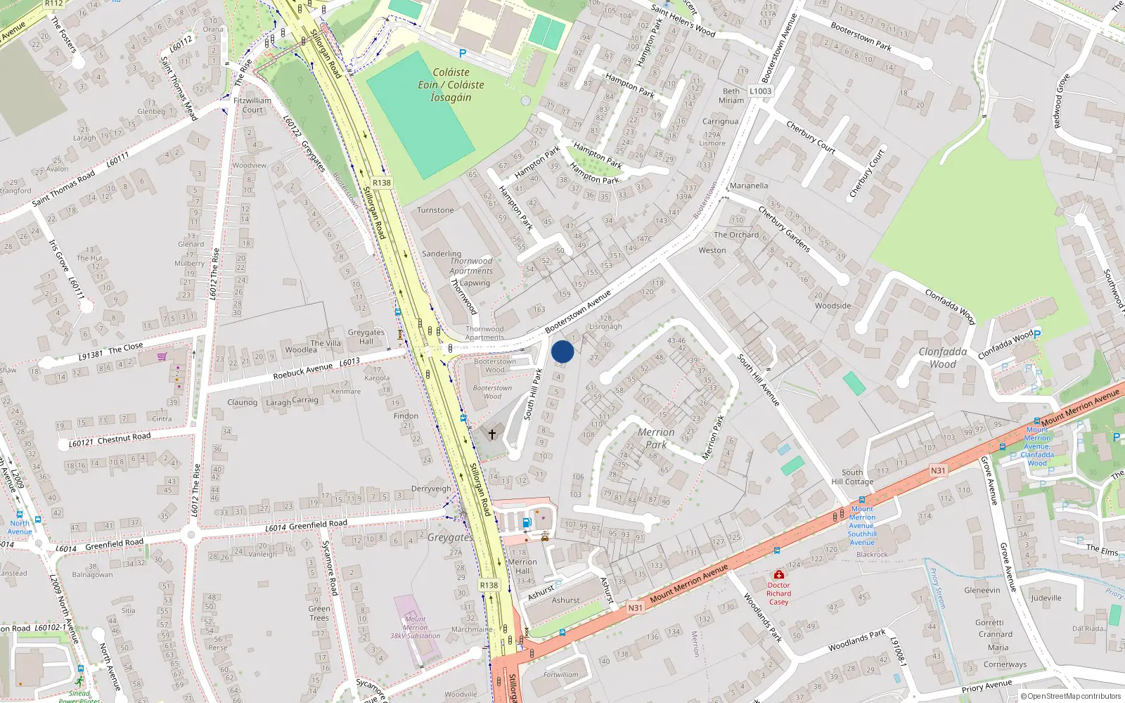 Overhead map showing the location of 2 South Hill Park, Booterstown, Blackrock