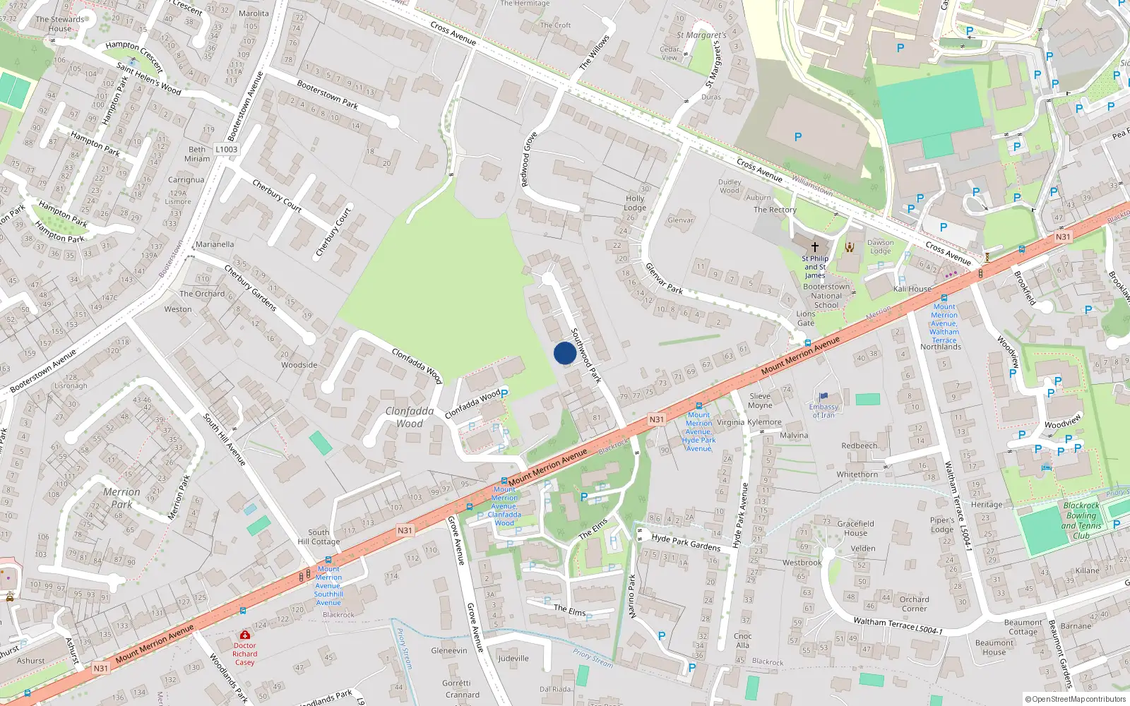 Overhead map showing the location of 2 Southwood Park, Blackrock