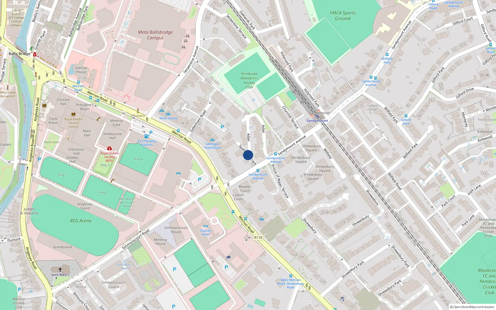 Overhead map showing the location of 2 Spafield Terrace, Ballsbridge