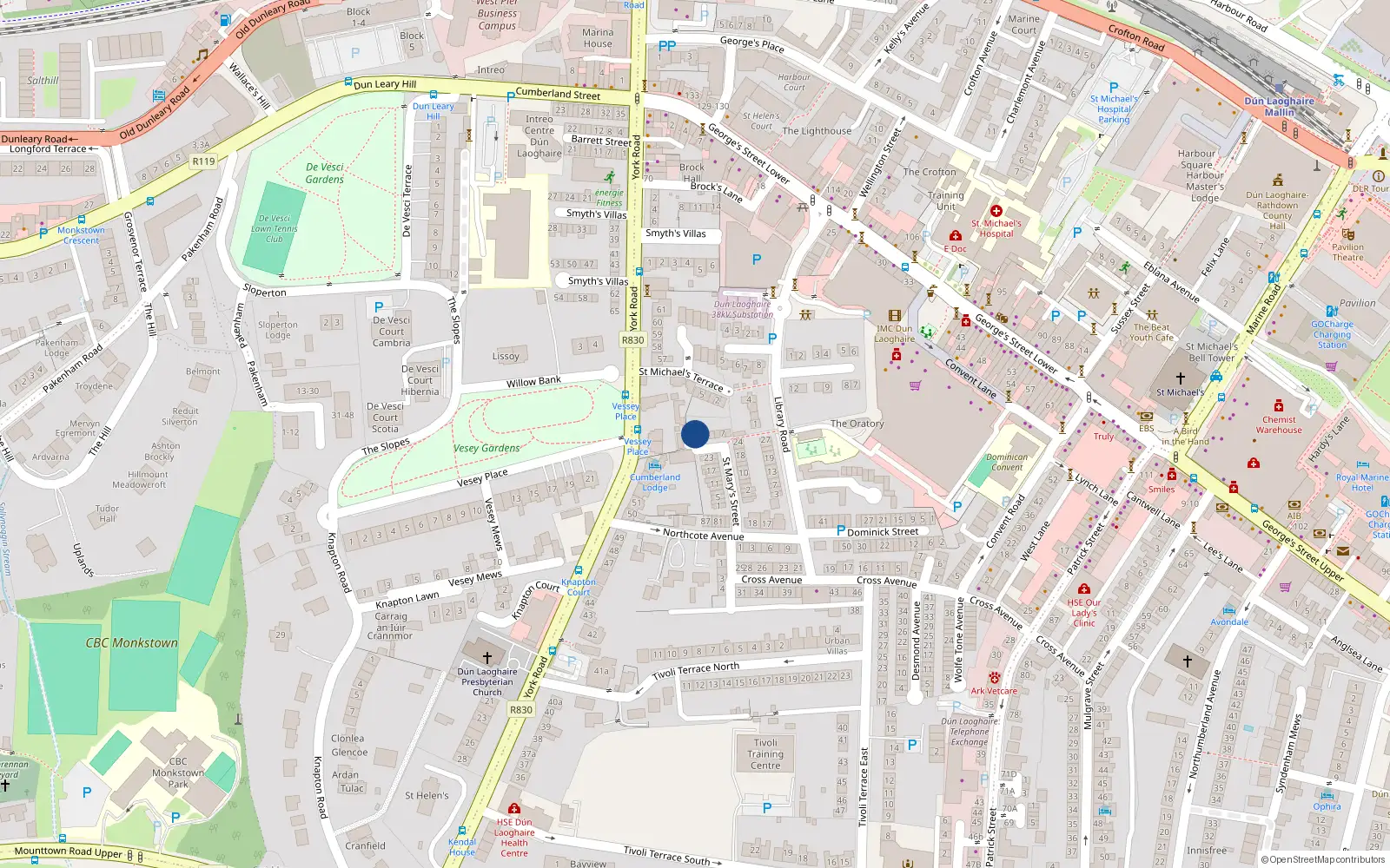 Overhead map showing the location of 2 St. Brendans Terrace, Dun Laoghaire