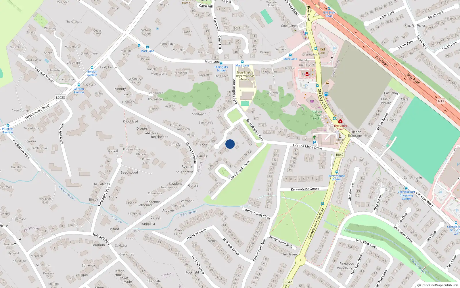 Overhead map showing the location of 2 Saint Brigid's Close, Dublin 18