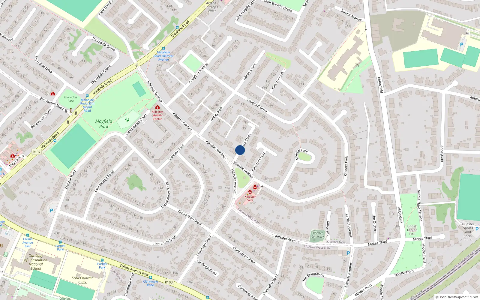 Overhead map showing the location of 2 St. Esra Close, Killester Avenue, Killester