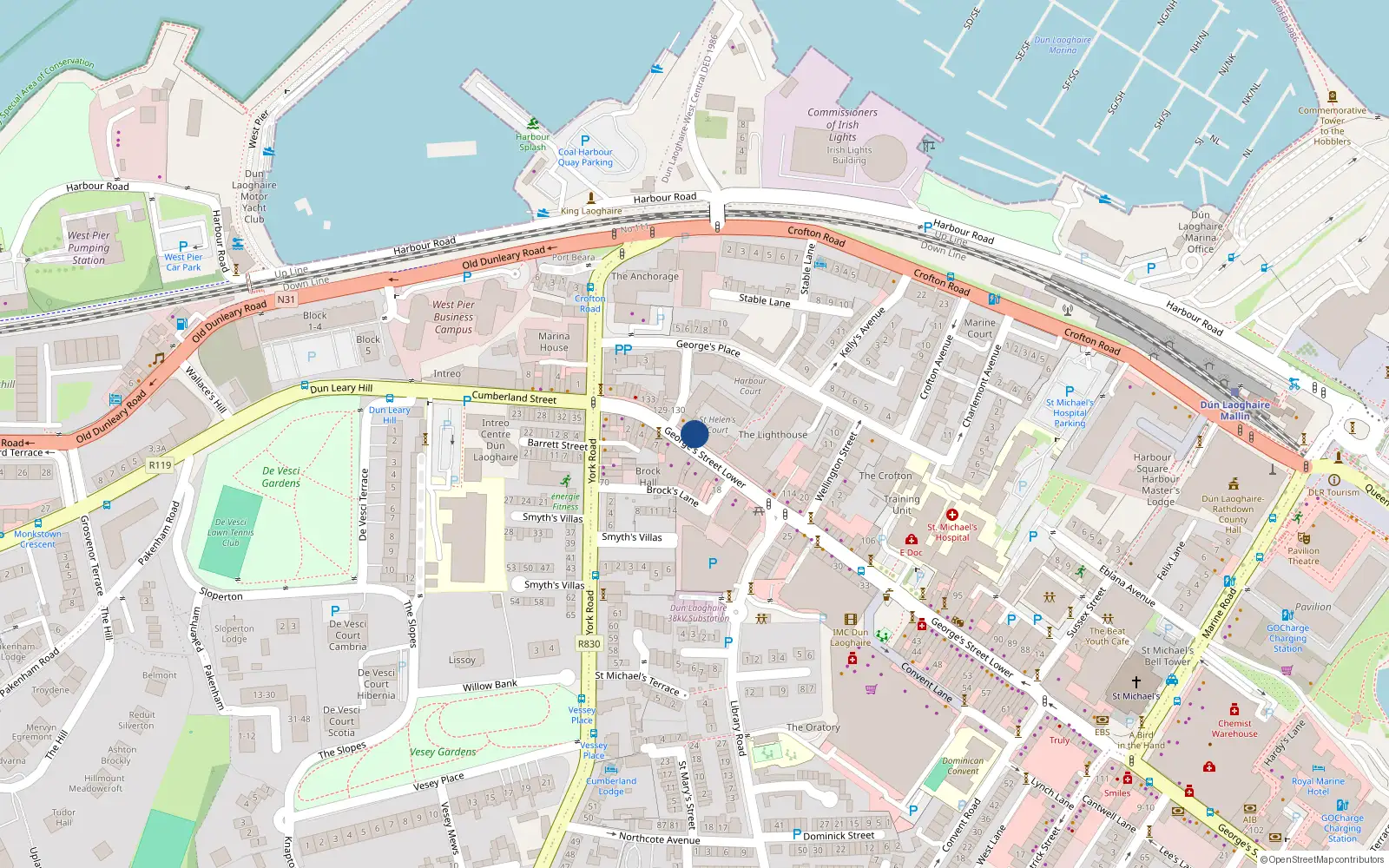 Overhead map showing the location of 2 St Helens Court, Lower Georges St, Dun Laoghaire