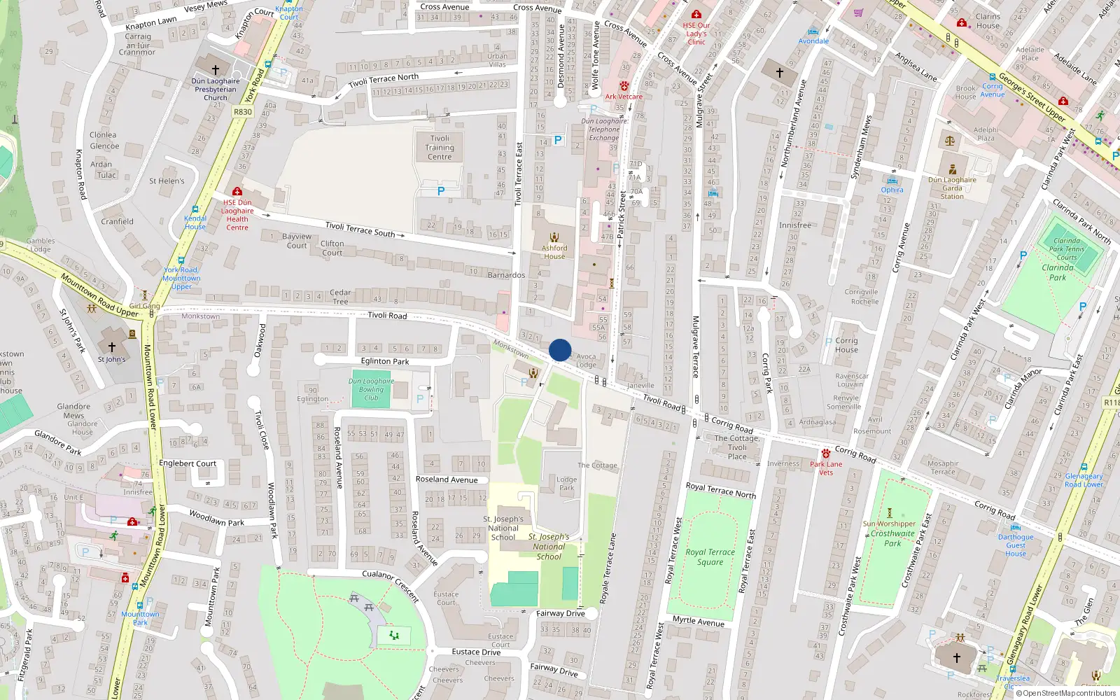 Overhead map showing the location of 2 St Josephs Terrace, Tivoli Road, Dun Laoghaire