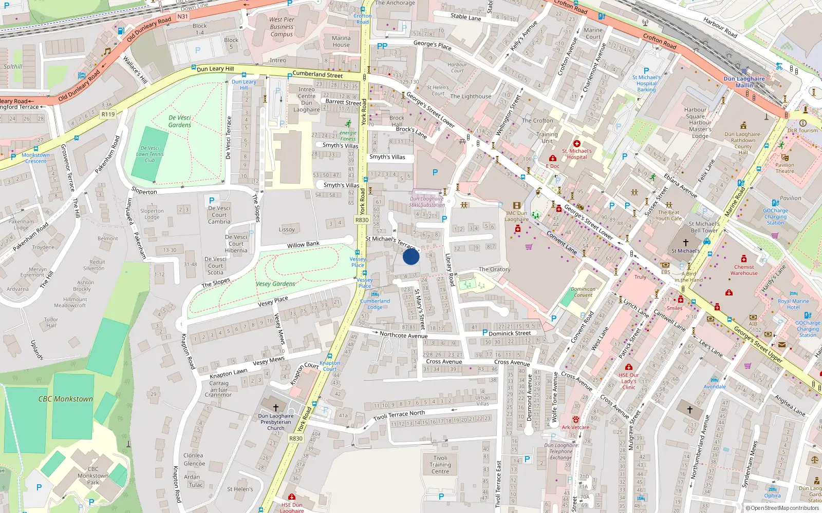 Overhead map showing the location of 2 St Michaels Terrace, Dun Laoghaire, Dublin