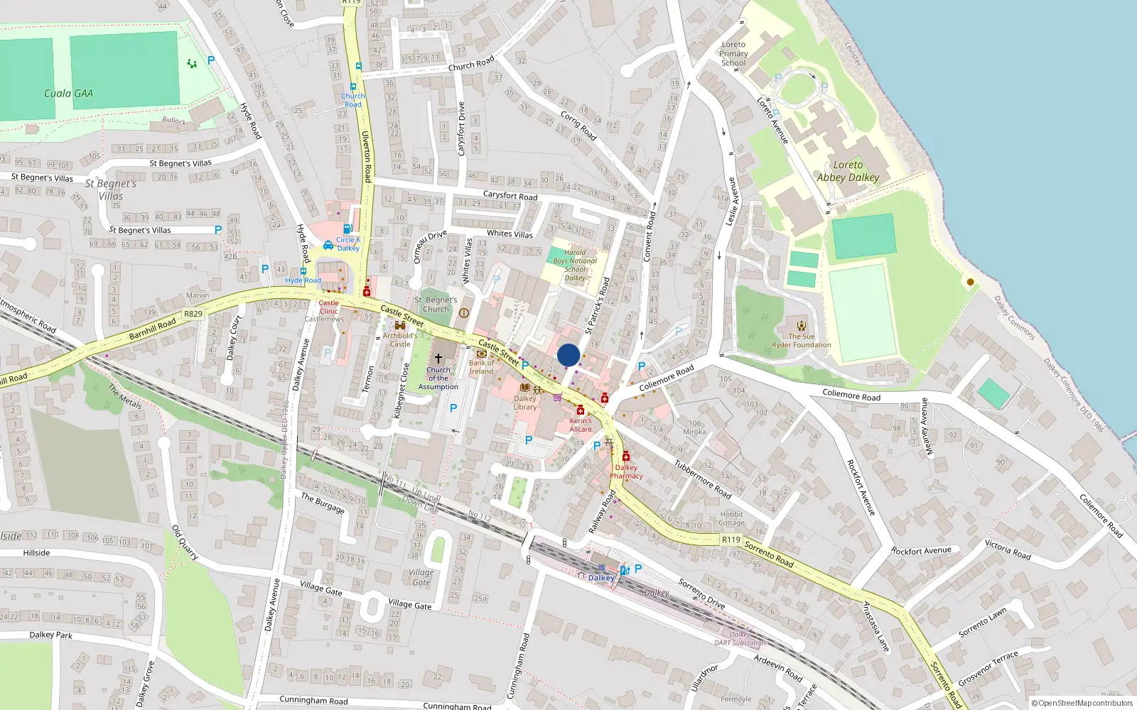 Overhead map showing the location of 2 St Patricks Road, Dalkey, Co Dublin