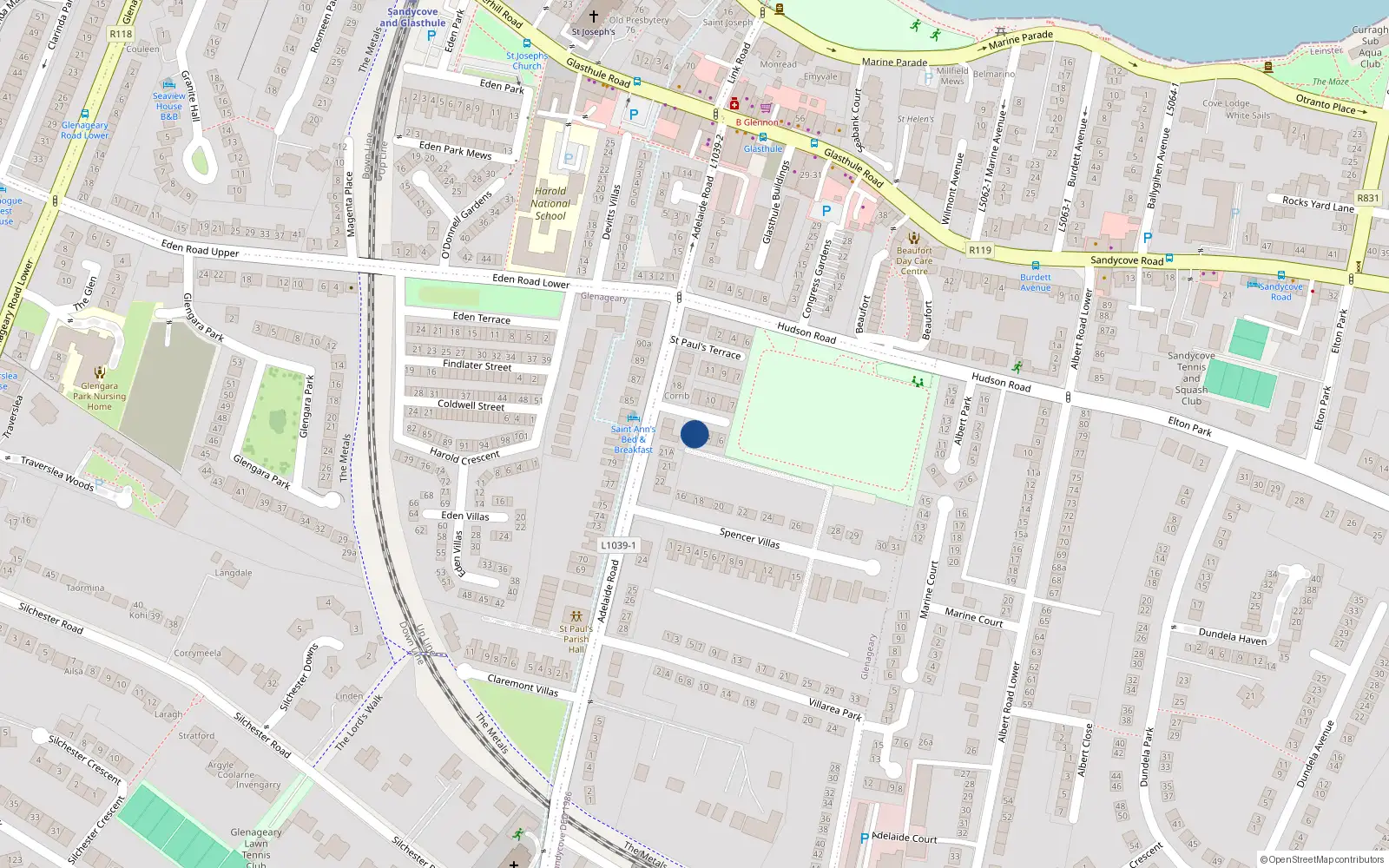 Overhead map showing the location of 2 St Peters Terrace, Glenageary, Dublin