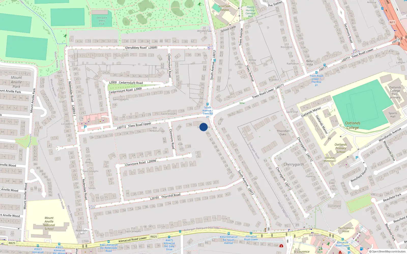 Overhead map showing the location of 2 - Stone Park, Trees Road, Mount Merrion
