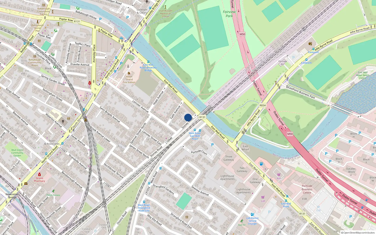 Overhead map showing the location of 2 Stoney Road, East Wall, Dublin 3