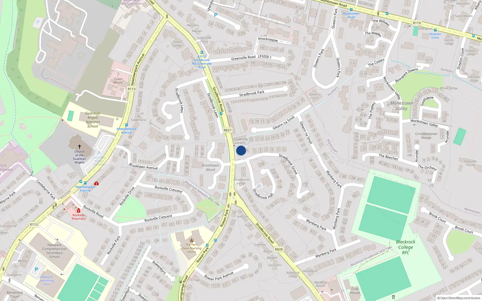 Overhead map showing the location of 2 Stradbrook Gardens, Stradbrook Road, Blackrock